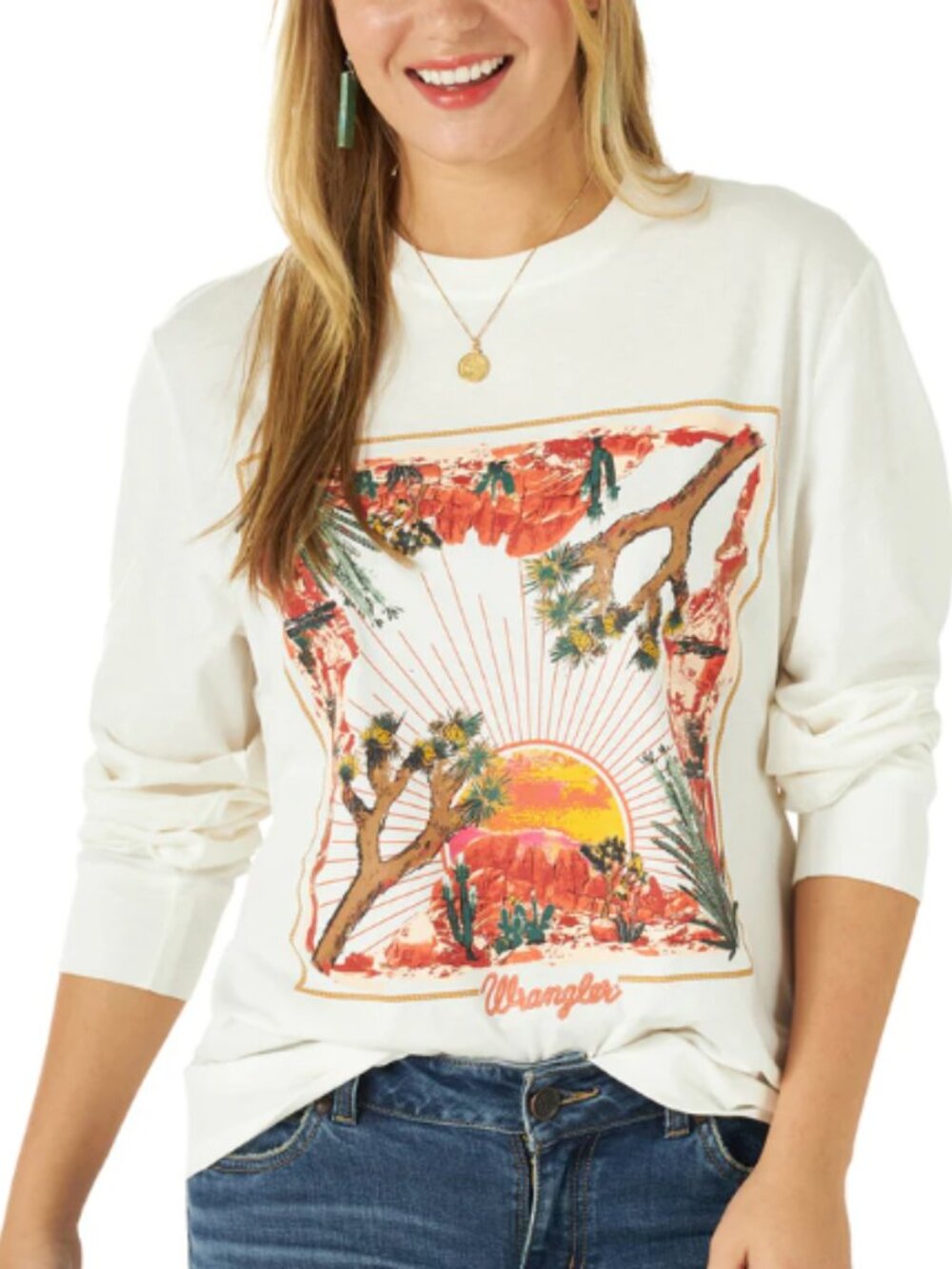 Wrangler Size XXXL White Retro Graphic Desert Crew Neck Long Sleeve Tee Shirt